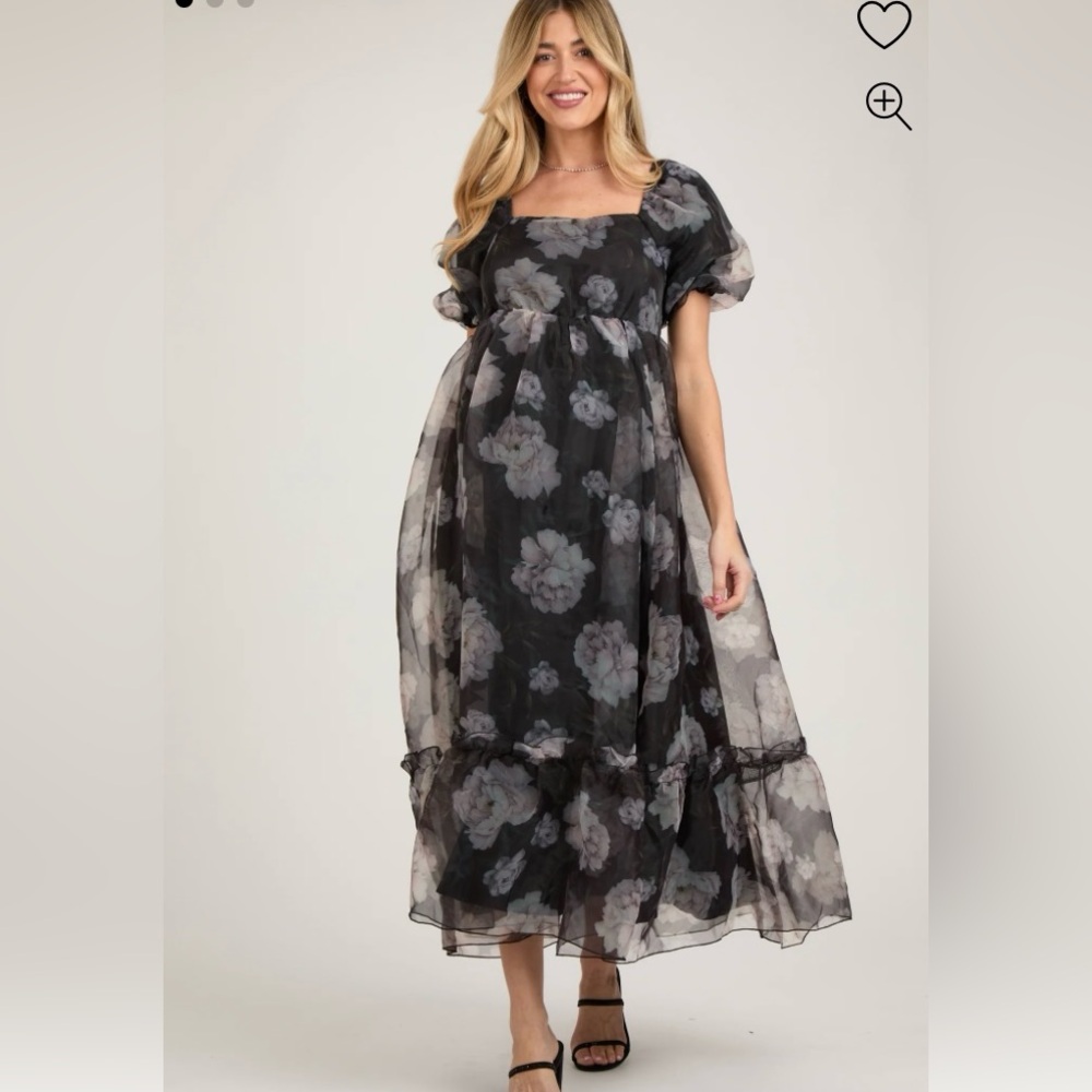 Pinkblush Black Sheer Floral Puff Sleeve Maxi Dress